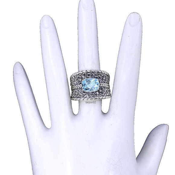 John Hardy JAI Blue Topaz+Floral Textured Saddle Band Sterling Silver Ring-7 NIB - Picture 2 of 14